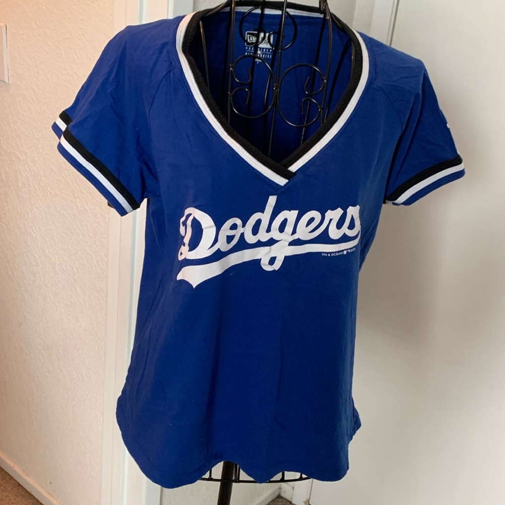 New Era Dodgers Royal Blue V-Neck Tee with White Script
